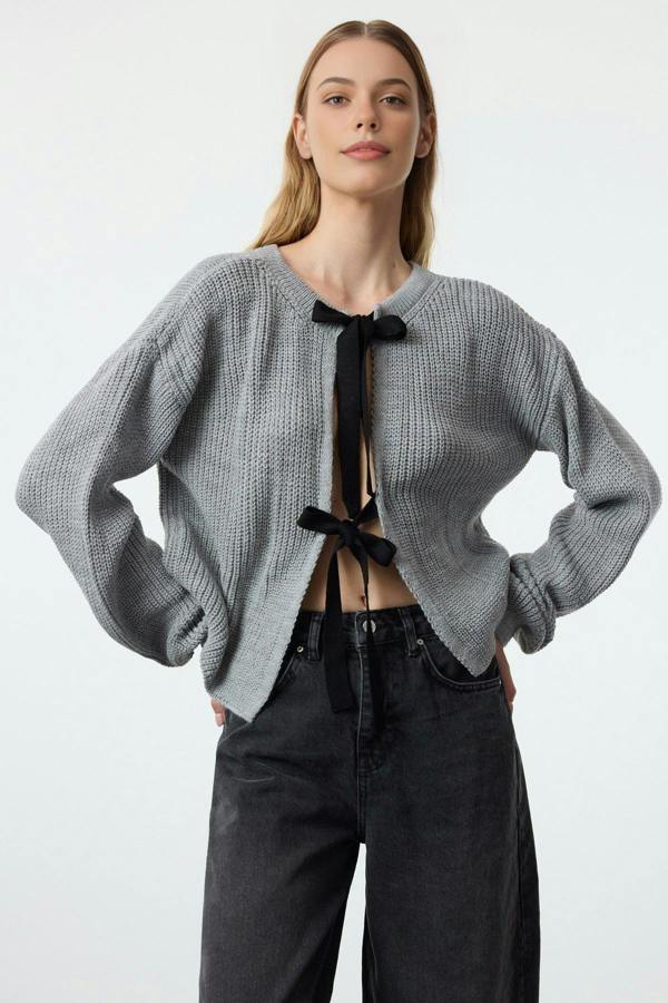 WOVCOR Reversible Cropped Knit Sweater with Ribbon/Bow Tie Detail