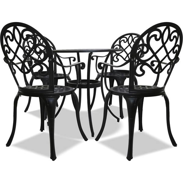Homeology PREGO Luxurious Garden and Patio Table and 4 Large Chairs with Armrests Cast Aluminium Bistro Set - Black
