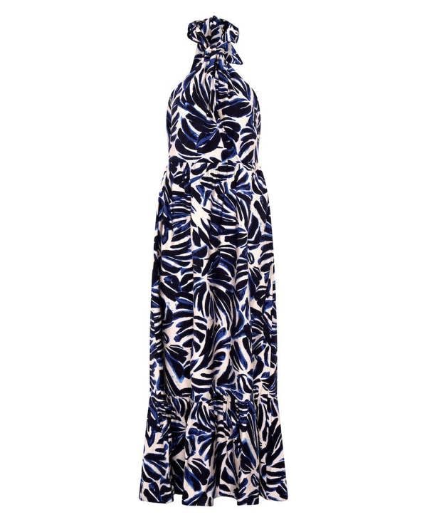 Navy Leaf Halter Maxi Dress