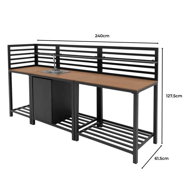 Stylish outdoor kitchen set featuring aluminum frame, wooden countertop, and sleek slatted design, ideal for entertaining and cooking outdoors