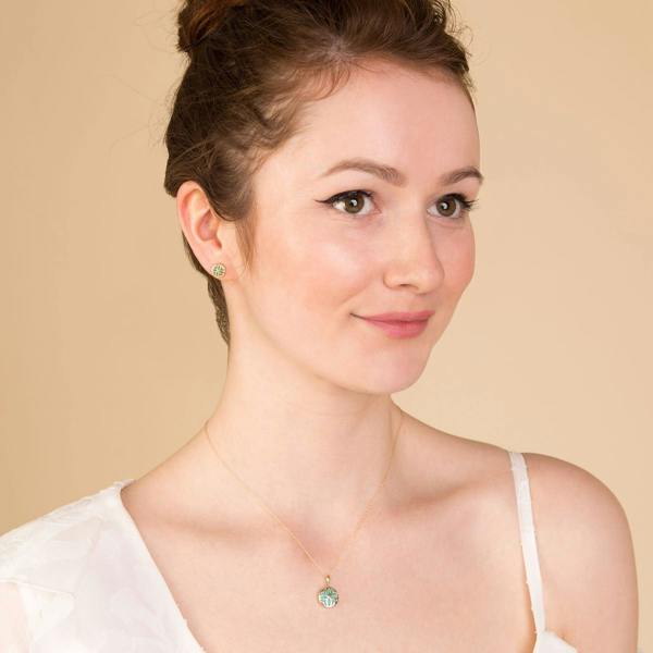 135P1659019 Art Nouveau Style Round Turquoise Floral Pattern Overlay Pendant in 9ct Yellow Gold 3