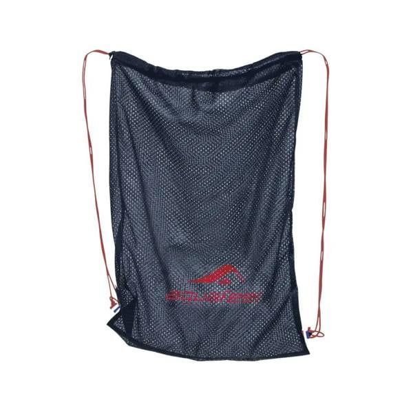 Black Aquafeel mesh bag with drawstring, red accents, and mesh fabric logo