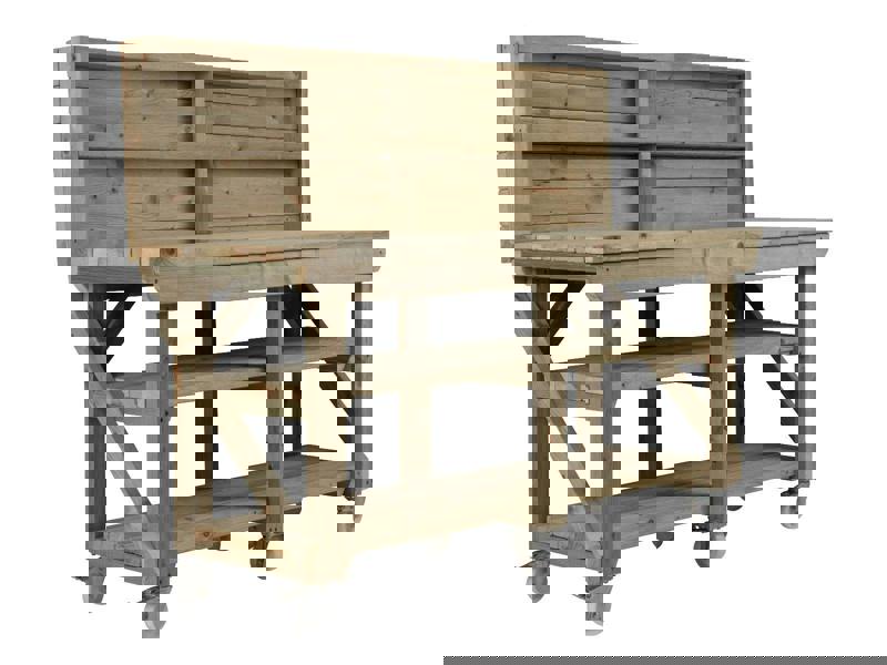 Indoor/Outdoor Pressure-Treated Double Shelf with back panel and wheels Workbench, a robust and versatile solution for all your workspace needs. Handcrafted in the UK, this workbench is constructed from high-quality, pressure-treated timber, ensuring durability and resistance to the elements, making it suitable for both indoor and outdoor use.