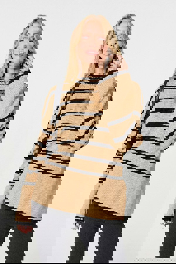 Beige | Striped Flare Sleeve Roll Neck Jumper
