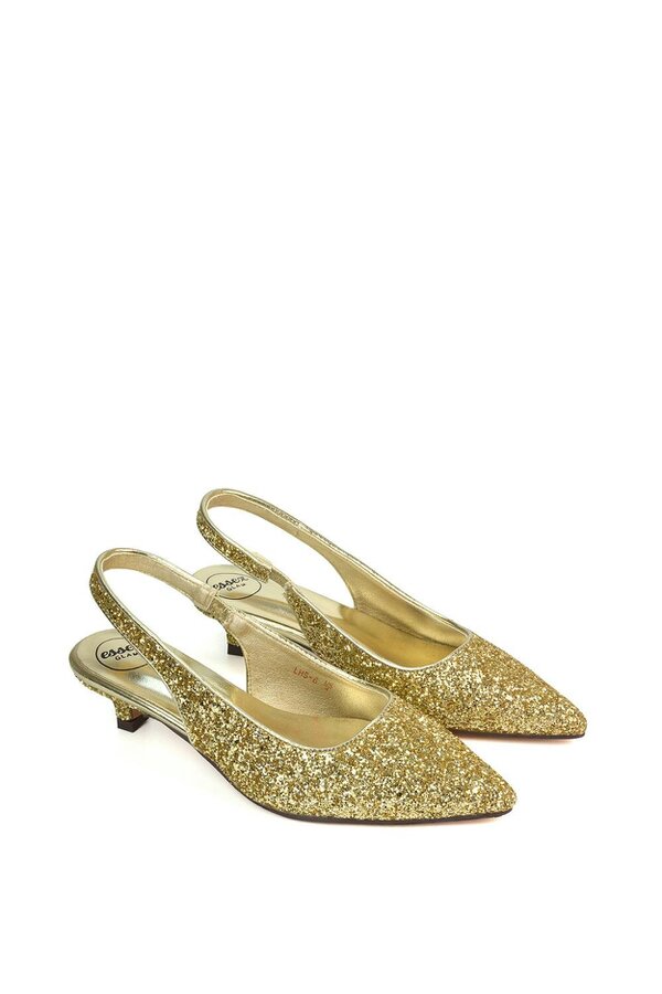 XY LONDON Pointed Toe Glitter Slingback Kitten Heel Court Shoes