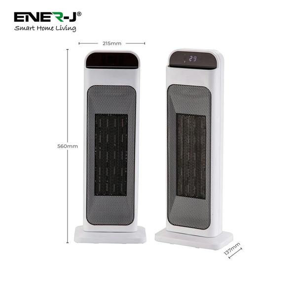 Front and back design features of ENER-J smart PTC ceramic heater with digital display, touch controls and air intake system