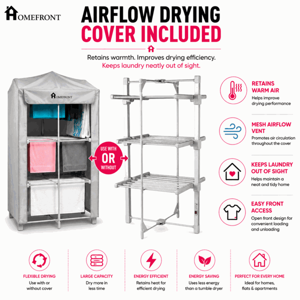 Homefront Electric Heated Clothes Airer Dryer Rack 330W Indoor 3-Tier Drier with Zip Up Cover for Even Faster Drying