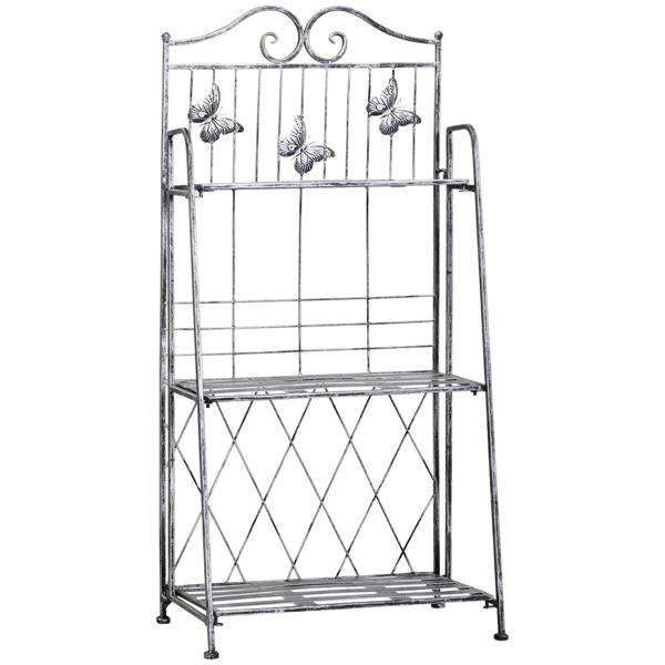 Silver metal 3-tier plant stand with decorative butterfly railings and three open shelves