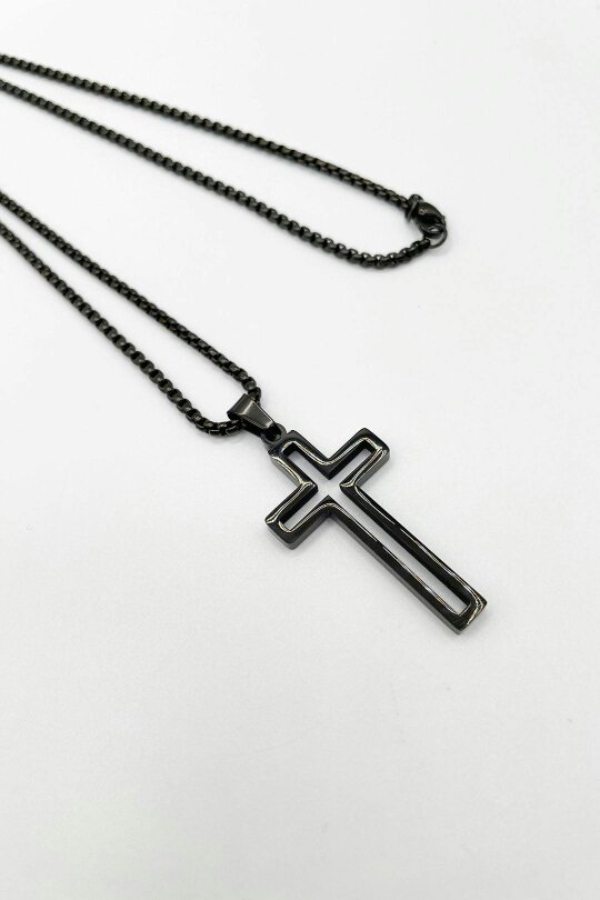 SVNX Hollow Cross Pendant Necklace in Black - Black