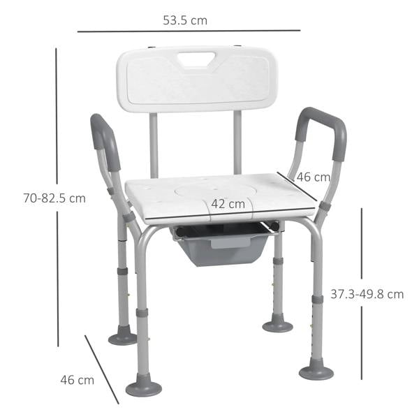 White shower stool with arms and backrest, padded seat and detachable bucket (with size marks)