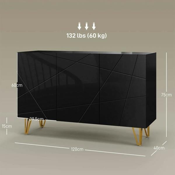 Black high-gloss sideboard with geometric panels and gold hairpin legs