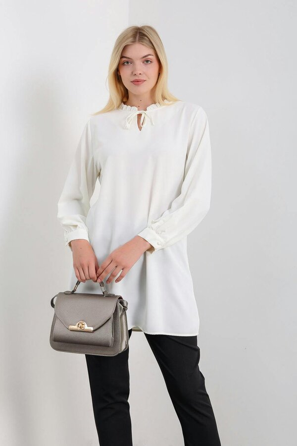 Hoxton Gal Oversized Tunic with Ruffle Neck Detailed in White