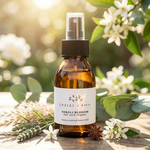 Neroli Blossom 100ml amber glass room spray mist bottle on a wooden table in bright sunlit setting with orange blossoms by Abode Home & Gifts