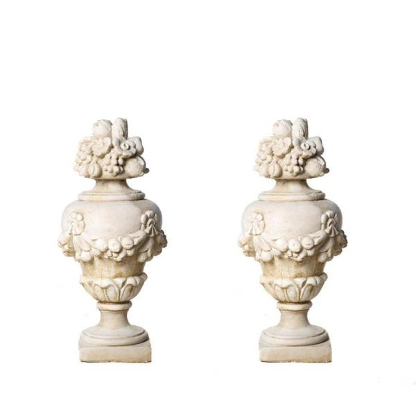 Pair of Large White Stone Cast Fruit Design Finials by DGS statues