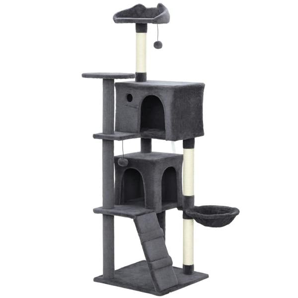 Dark grey cat tree tower with plush condos, sisal posts, and ladder ramp