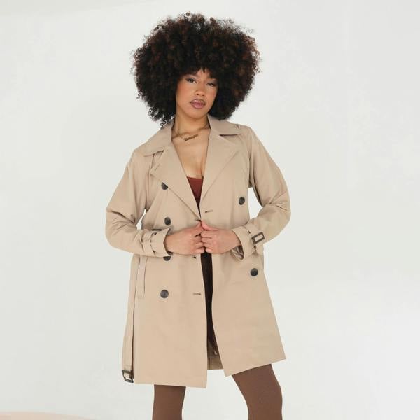 Brave Soul Stone Double Breasted Belted Trench Coat - Stone Image 1