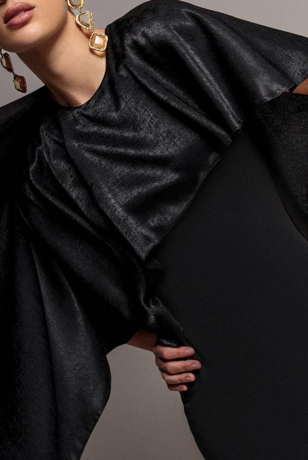 Goddiva Scoop Neck Velvet Satin Cape Sleeve Maxi Dress - Black DR5074