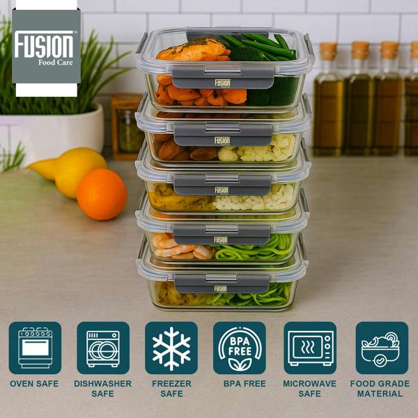 Fusion Food Care Food Storage Containers with Airtight Lids 10 Pack - 5x370ml & 5x1040ml Glass Meal Prep Containers Set BPA Free Glass Food Container