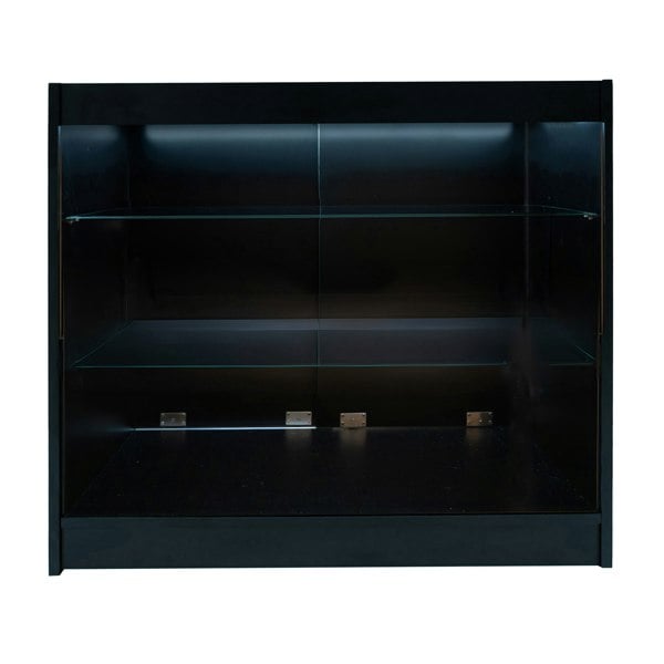 Black Aries LED shop counter set featuring sleek glass shelves, modern design, and integrated LED lighting for enhanced display