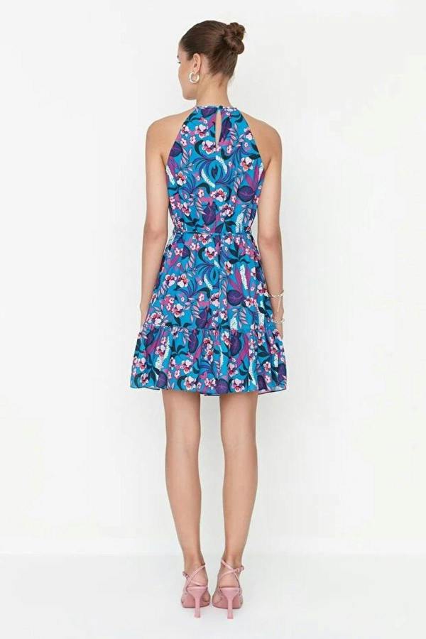 WOVCOR Floral Halter Neck A-Line Mini Woven Dress with Tie Detail