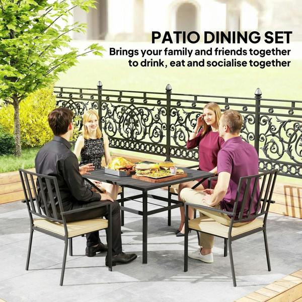 Outdoor patio dining set with black metal square table and 4 stackable chairs with beige cushions