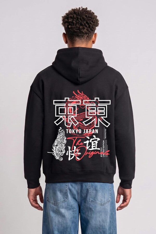 London Attitude Oversized Tokyo Japan Graphic Hoodie in Black