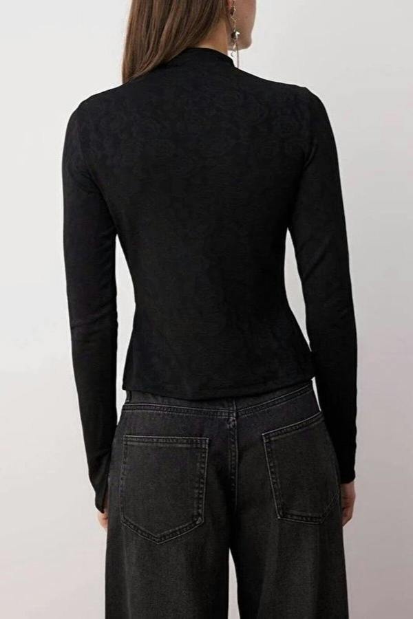 WOVCOR Floral Mandarin Collar Long Knitted Jacquard Party Blouse