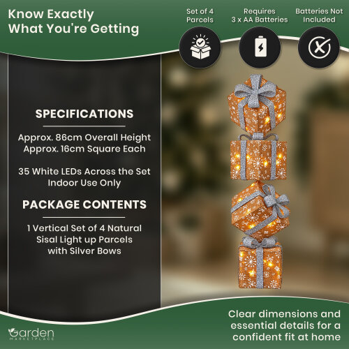 Vertical Light Up Christmas Natural Sisal Parcels with Silver Bows, Set of 4 on Metal Rod with 35 White LED Lights, Battery Powered, 86cm Tall