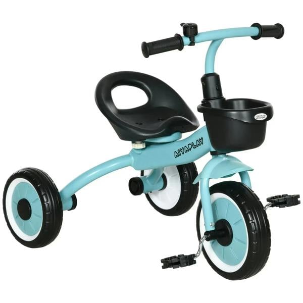 Light blue kids tricycle with black seat, front basket and bell, three wheels