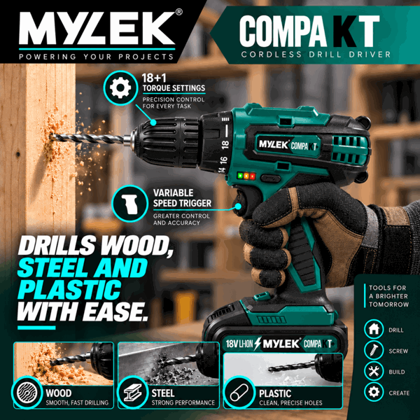 MYLEK 18V Cordless Li-ion Drill And Screwdriver Set With 13 Piece Accessory Kit