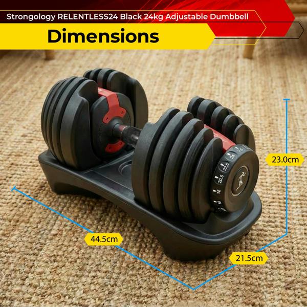 Strongology Relentless24 Pair Home Fitness Black Red Adjustable Smart Dumbbells from 2.5kg up to 24kg Training Weights