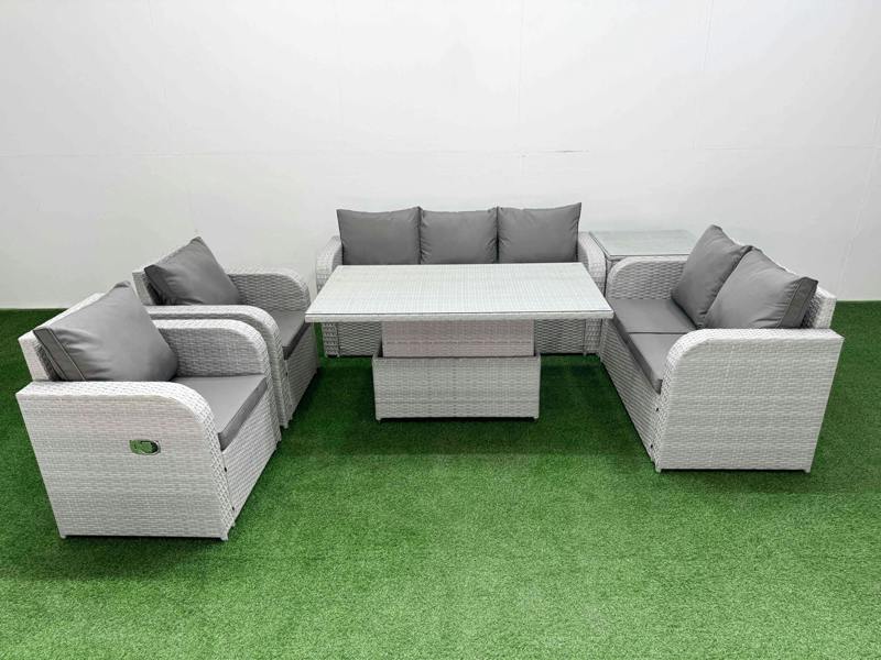 Fimous PE Rattan Garden Furniture Set, Adj Height Table, Reclining Sofa, Double Love Seat, 2 Seater Lounge and Side Table, Light Grey