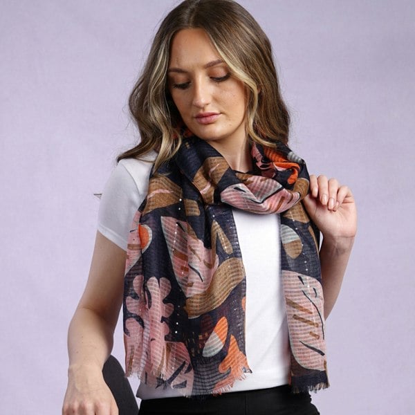 Antonia York Leaf Scarf | Hannah Soft Gauzy Wrap with Sequin Detail Orange Navy Blue Pink Brown