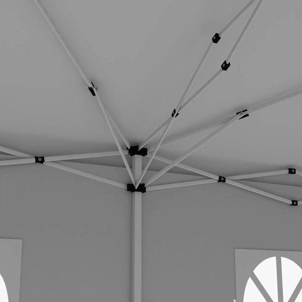 White gazebo interior frame with ceiling support beams and hanging fixtures