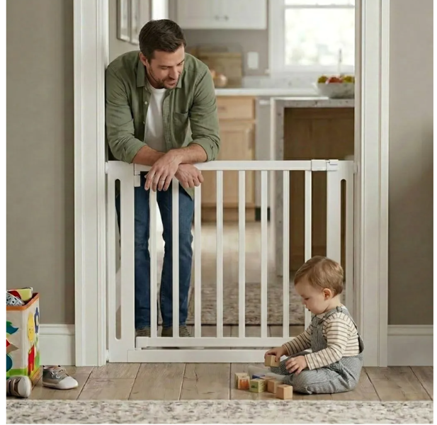 Safetots Wooden Elegance Gate, White, 79cm - 87cm, Pressure Fit Safety Gate, 57cm Extra Wide Doorway, Easy Installation