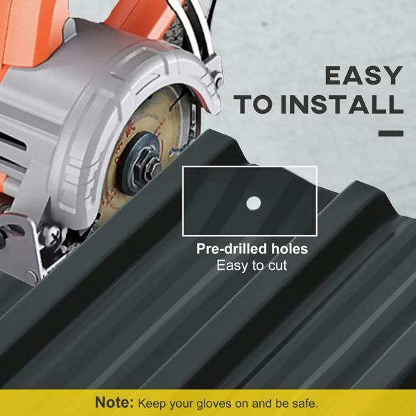 Dark grey corrugated steel roof panel with pre-drilled holes near a cutting tool