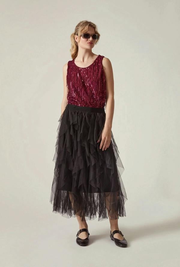 James Lakeland Black Tulle Ruffle Midi Skirt