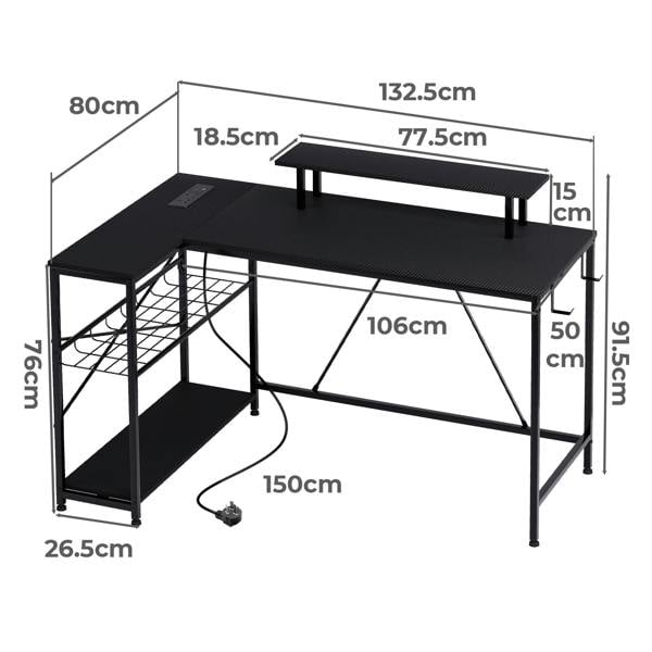 Levede L-Shaped Gaming Desk Computer Table with RGB Lights Power Outlets 132.5CM