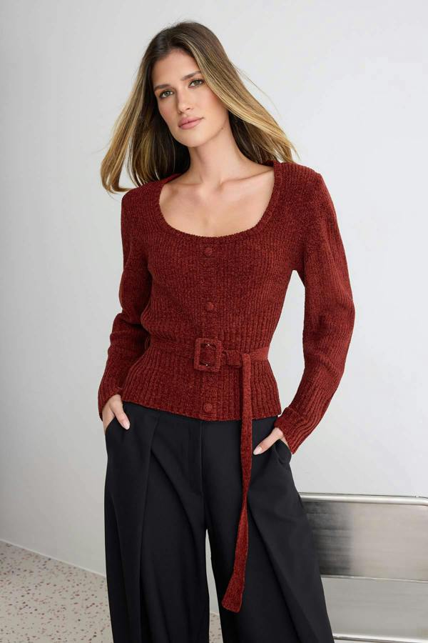 Chenille Long Sleeve Belted Knitted Sweater