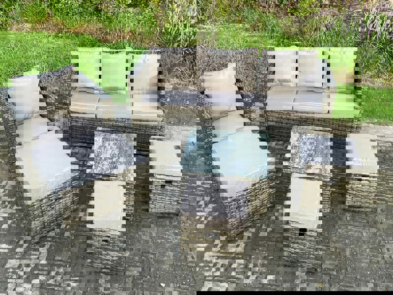 Fimous 6 PCS Outdoor Lounge Sofa Set Wicker PE Rattan Garden Furniture Set with Armchair Square Coffee Table 3 Small Footstools Dark Grey Mixed