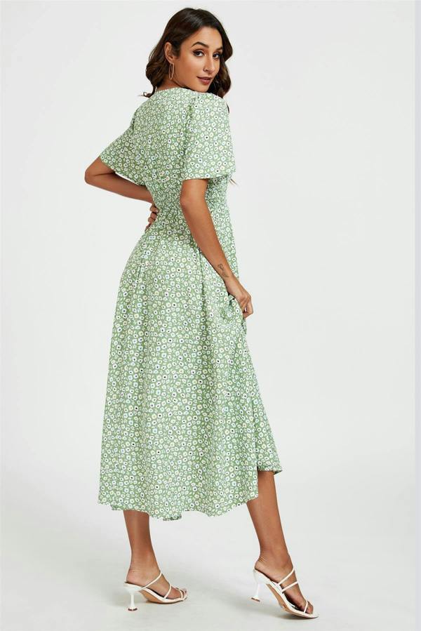 FS Collection Multi Floral Print V Neck Midi Dress In Green
