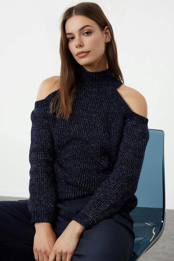 WOVCOR Glittery Knit Sweater with Cut-Out Detail