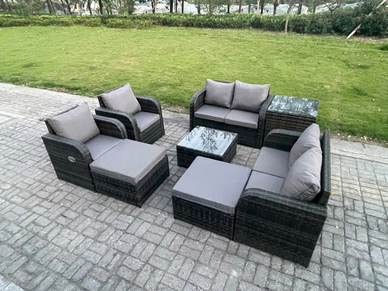 Fimous Garden Furniture Set Rattan Outdoor Lounge Sofa Chair With Tempered Glass Table 2 Big Footstool Side Table Dark Grey Mixed
