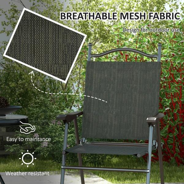 Folding garden chair with dark brown frame and breathable dark mesh back and seat