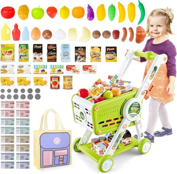 deAO Toys Kids Shopping Cart Trolley Play Set with Pretend Food
