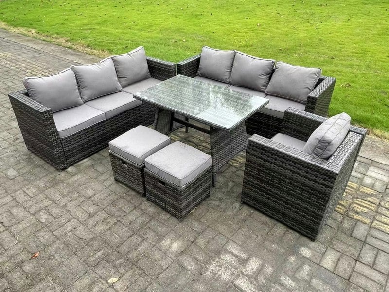 Fimous 9 Seater Wicker PE Rattan Garden Dining Set Outdoor Furniture Sofa with Patio Dining Table Armchair 2 Small Stools Dark Grey Mixed
