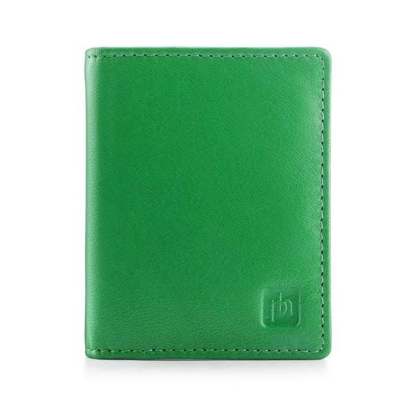 Green leather wallet with a brand logo on a white background