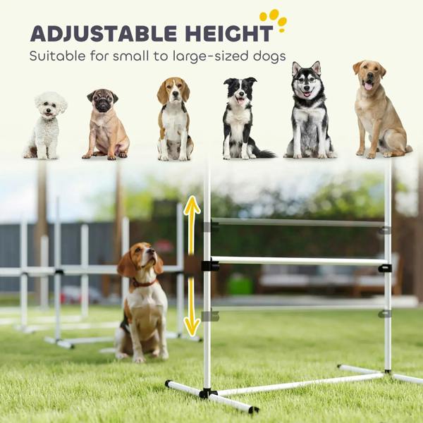 Adjustable height white dog agility jump hurdle with dog training in yard