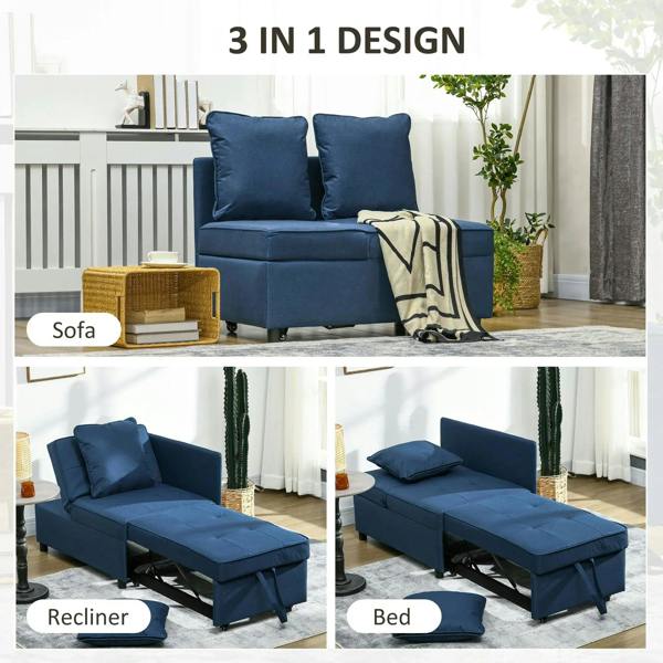 Blue 3-in-1 sofa bed showing seating and bed positions, two back cushions