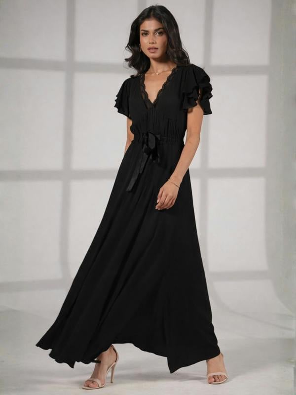Rose & Nancy Chloe Black Lace Detail Tie Waist Maxi Dress